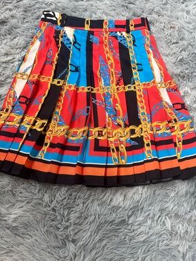 Zara Pleated Chain-Print Skater Skirt in Red, Blue & Black